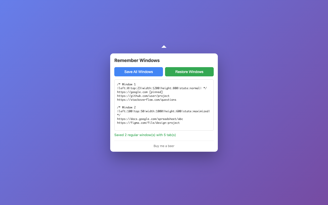 Remember Windows Chrome extension showing Save All Windows and Restore Windows buttons with saved workspace data